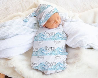 Ocean Waves Swaddle Blanket - Sea Blanket - Sea Nursery - Baby Shower Gift - Personalized Name Blanket - Surfboard Blanket - Sports Swaddle
