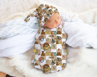 Skater Smiley Face Swaddle - Groovy Nursery - Baby Shower Gift - Personalized Swaddle - Checkered Swaddle - Happy Face Swaddle