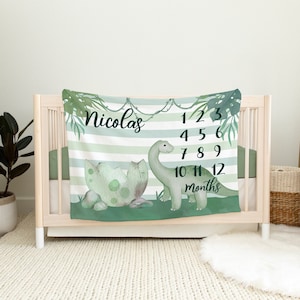 Sage Dinosaur Milestone Deken - Dinosaur Baby Deken - Dinosaur Baby Milestone Deken - Maandelijkse Milestone Deken