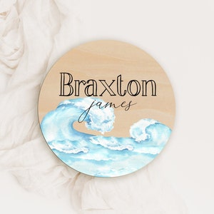 Ocean Waves Announcement Wood Round - Ocean Name Sign - Personalized Wave Nursery Sign - Coming Home Announcement