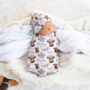 Floral Highland Cow Swaddle - Cow Nursery - Baby Shower Gift - Personalized Swaddle - Highland Cow Nursery - Highland Cow Swaddle Blanket