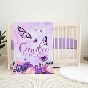Purple Butterfly Custom Name Blanket - Baby Girl Blanket - Butterfly Nursery - Butterfly Baby Gift - Baby Girl Nursery - Floral Nursery