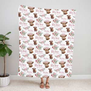 Floral Highland Cow Blanket - Cow Nursery - Baby Shower Gift - Personalized Blanket - Highland Cow - Highland Cow Nursery Theme