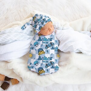 Skater Smiley Face Swaddle Groovy Nursery Baby Shower Gift Personalized Swaddle Checkered Swaddle Happy Face Swaddle Blue