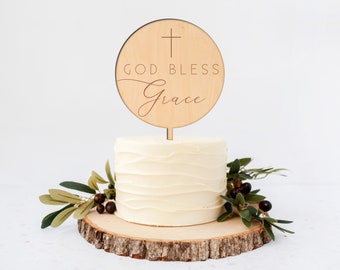 Gepersonaliseerde God Bless Cake Topper - Doop Cake Topper - Doop Cake Topper - Eerste Communie Cake Topper- Natuurlijke Houten Cake Topper