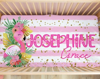 Flamingo Custom Name Crib Sheet - Baby Gift - Personalized Crib Sheet - Tropical Nursery - Flamingo Crib Sheet - Baby Shower Gift