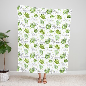 Tropical Palm Leaves Custom Name Blanket - Tropical Blanket - Personalized Blanket - Palm Leaves Theme - Coming Home Blanket - Baby Shower