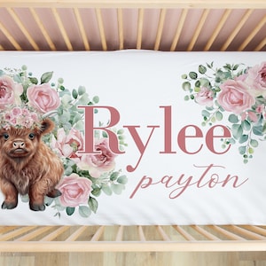 Floral Highland Cow Custom Name Crib Sheet - Cow Crib Sheet - Baby Shower Gift - Personalized Crib Sheet - Highland Cow Nursery