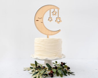 Sleepy Moon Cake Topper - Moon Cake Topper - Natural Wood Cake Topper - First Birthday Cake Topper - Rustic Cake Topper - Baby Shower