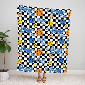 Smiley Face Checkerboard Blanket - Groovy Nursery - Baby Shower Gift - Personalized Blanket - Checkered Blanket - Happy Face Blanket