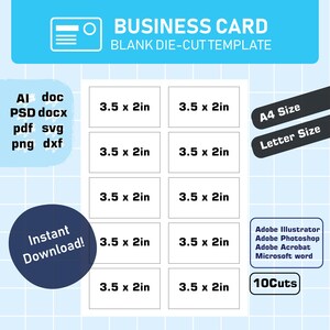 de carte de visite vierge découpée | Téléchargement instantané | mot | 3,5 x 2 po. | Format A4 et lettre | AI Psd Png Pdf Svg Dxf Docx