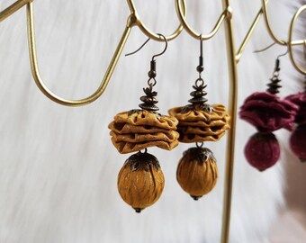 Boucles d'oreilles jaune moutarde, safran en tissu gypsy folk, boucles pendantes rondes, boucles d'oreilles légères, habillées