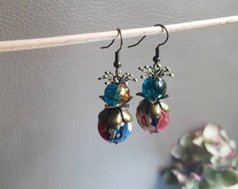 Blue fruit earrings in floral fabric and pearl of turquoise and honey yellow glass, bronze-boho patinated brass petals