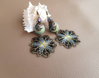 Golden turquoise blue earrings embroidered silk yarn-oriental ethnic-earrings in Japanese fabric-evening jewel