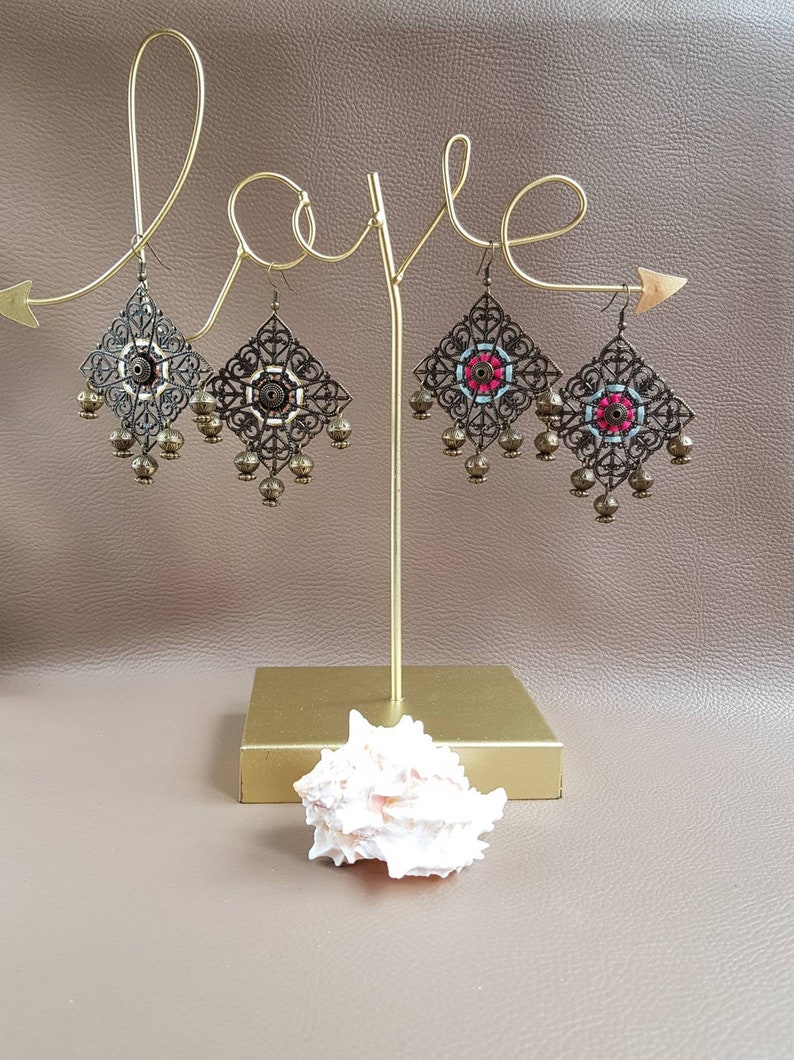 Pink embroidered earrings and blue oriental chandeliers oriental bronze open ethnic bohemian gypsy folk hippies earrings image 4