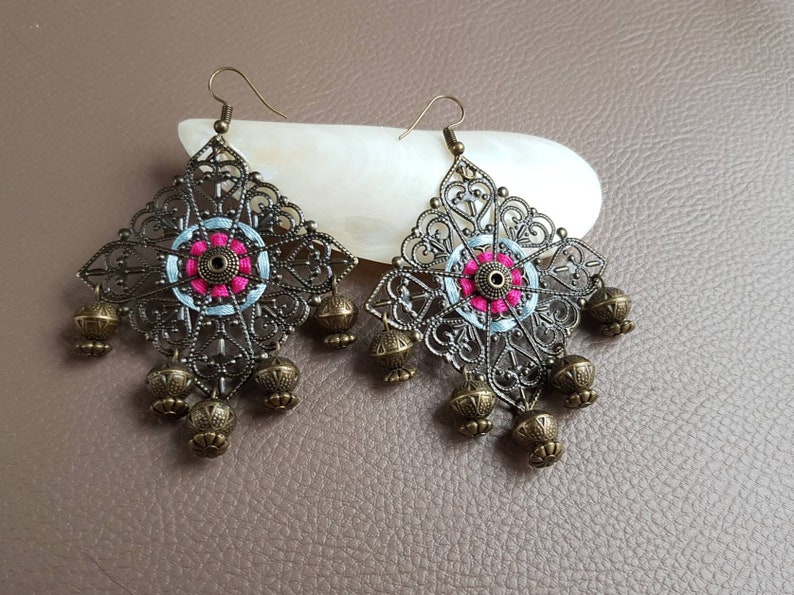 Pink embroidered earrings and blue oriental chandeliers oriental bronze open ethnic bohemian gypsy folk hippies earrings image 3