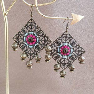 Pink embroidered earrings and blue oriental chandeliers oriental bronze open ethnic bohemian gypsy folk hippies earrings image 1