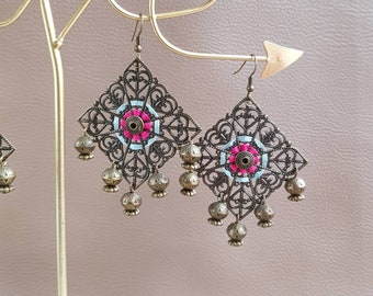 Pink embroidered earrings and blue oriental chandeliers oriental bronze open - ethnic bohemian gypsy folk hippies earrings