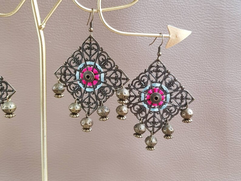 Pink embroidered earrings and blue oriental chandeliers oriental bronze open ethnic bohemian gypsy folk hippies earrings image 1