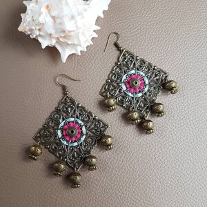 Pink embroidered earrings and blue oriental chandeliers oriental bronze open ethnic bohemian gypsy folk hippies earrings image 2