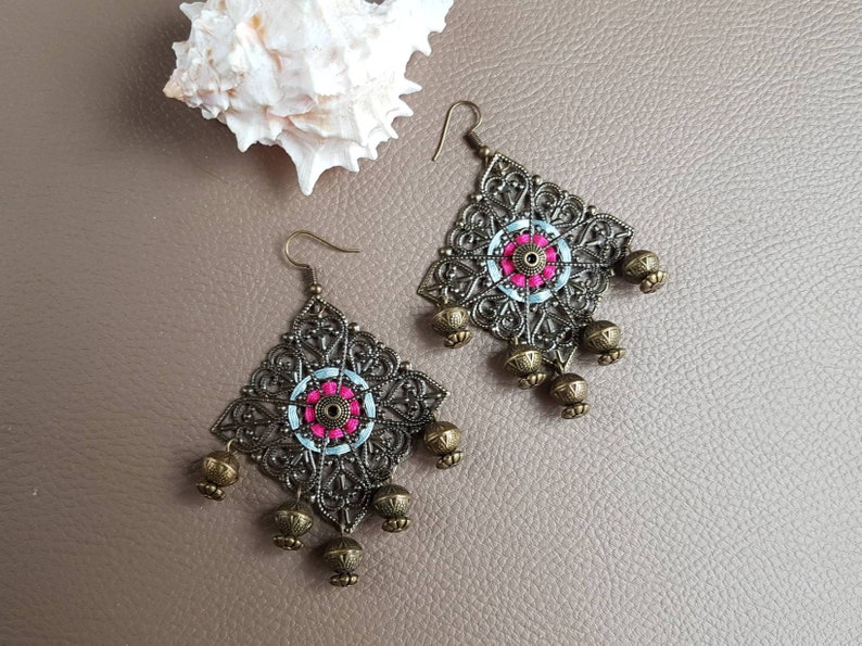 Pink embroidered earrings and blue oriental chandeliers oriental bronze open ethnic bohemian gypsy folk hippies earrings image 2