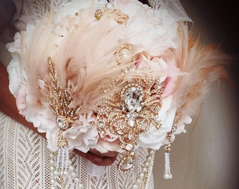 Gatsby Wedding Brooch Bouquet, Blush Pink Feathers, Hidden Time Piece