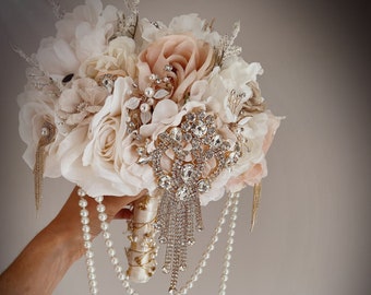 Bridal Brooch Bouquet: Pink, Ivory & Gold Jeweled Flower Bouquet