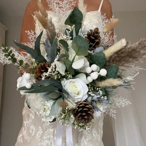 Josephine&#39; rustic winter wonderland wedding bridal bouquet pine cone pampas glitter buds white rose eucalyptus