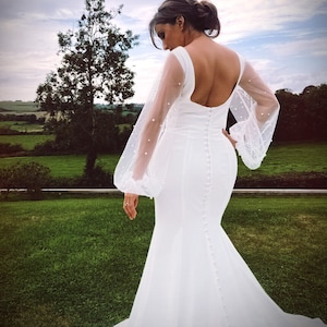 Katherine&#39; Plain Crepe button down detail pearl organza sleeve simple wedding dress