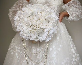 Glamour White Rose Hydrangea Bouquet, Beaded Details, Cascading Pearls