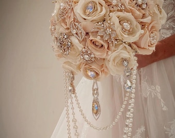 Handmade Rose Gold Bridal Brooch Bouquet, Cascading Pearl Detail