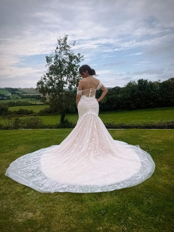 Helena' Champagne mermaid floral layered tulle bridal gown pearl off  shoulder sleeves fit and flare