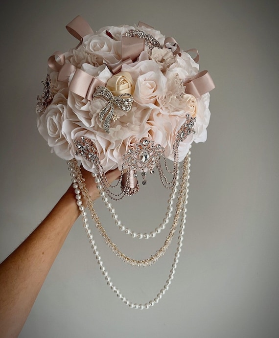Champagne Brooch Bouquet, Cascading Pearls, Bridgerton Glam Wedding
