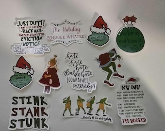 May include: A collection of humorous stickers with various text designs. The stickers feature phrases like "Jury Duty!", "Stink Stank Stunk", and "My Day". The color palette includes red, green, and white, with some stickers depicting cartoon characters.