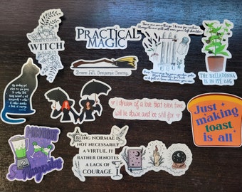 May include: A collection of whimsical stickers with various designs and text. Themes include witchcraft, magic, and inspirational quotes. Designs feature a cat silhouette, witches, cocktails, and a toast graphic. Colors include black, white, purple, and orange.