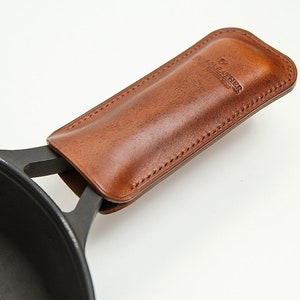 Brown vegetable tanned leather pot handle cover for lodge cast