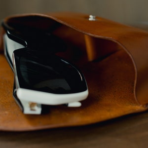 May include: A brown leather case with a snap closure, holding a pair of black sunglasses with white accents.