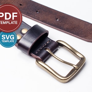 May include: A brown leather belt with a brass buckle. The belt has a stitched edge and two rivets. The belt is labelled "PDF TEMPLATE" and "SVG TEMPLATE".