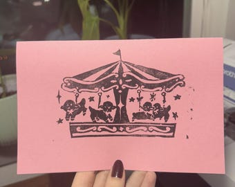 Sheep on a carousel - Linocut print
