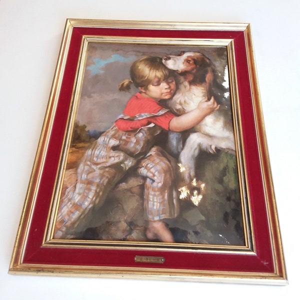 VINTAGE Tableau HELCA martelée main . Reproduction d'une peinture de l'artiste RIBERA sur cuivre émaillé vers  1960 " fillette et chien"