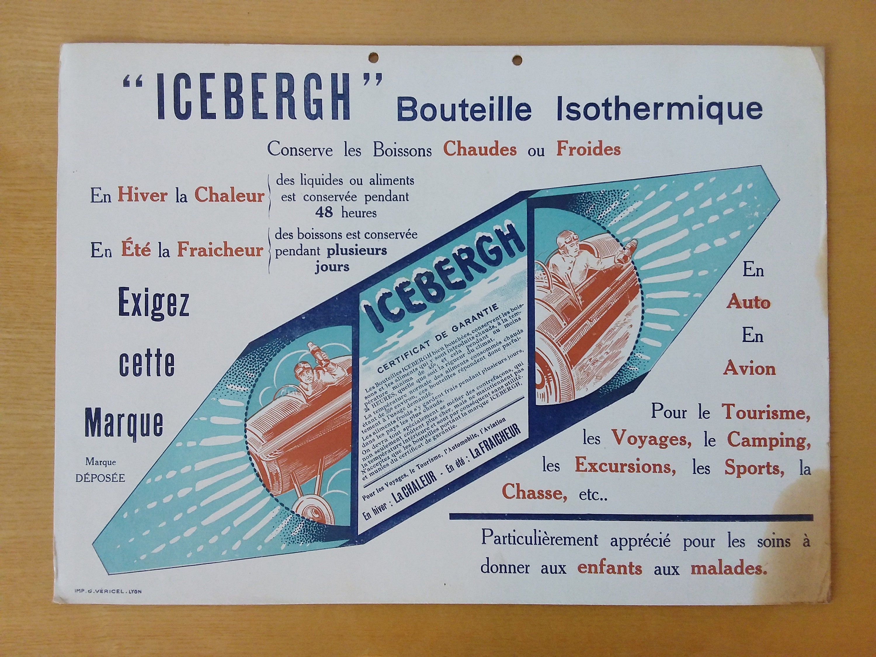 Rare Pub Publicité | Plv Ancienne Bouteille Isotherme Icebergh . 1920/1930 Avion Voiture France .