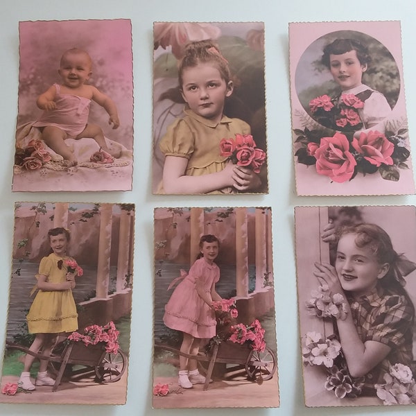 Lot 6 cartes postales  retro vintage 1950 . Enfants avec des fleurs....des roses