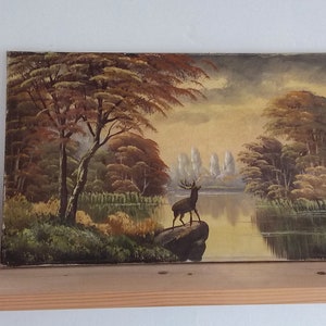 VINTAGE oil painting by E.DULAU . Landscape with French deer. France