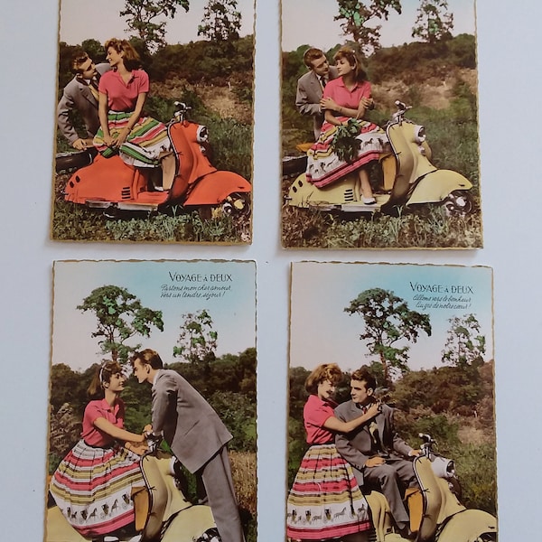 Lot 4 cartes postales  retro vintage 1960 . Couple amoureux -Scooter Vespa Lambretta