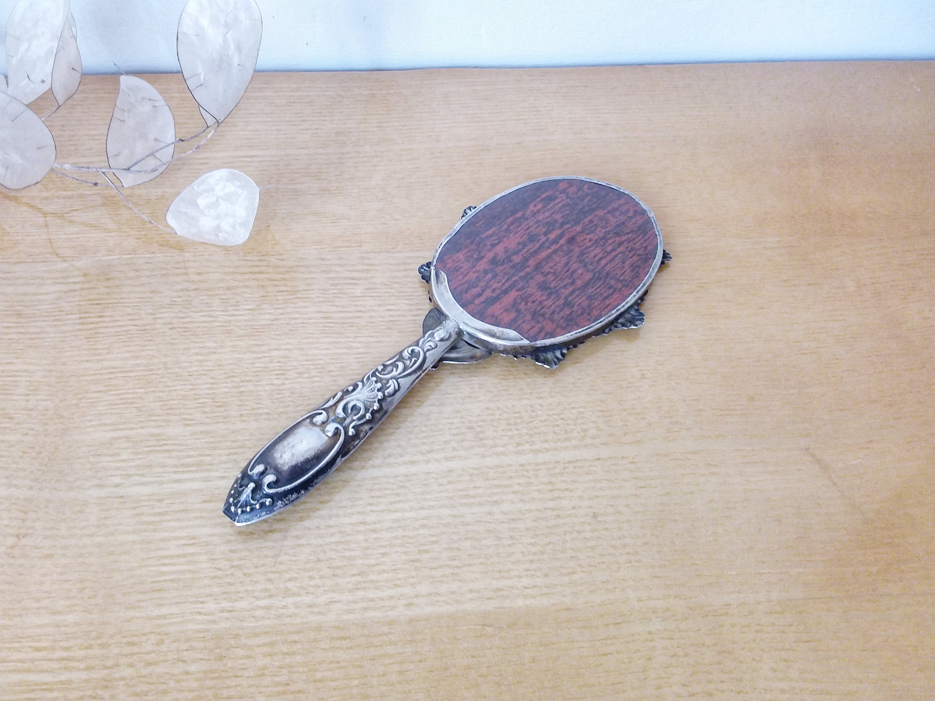 Miroir à Main Chinois Argent Massif 950 Poinçonné - Occasion, Motif Caractères Chinois, Décoration Vintage