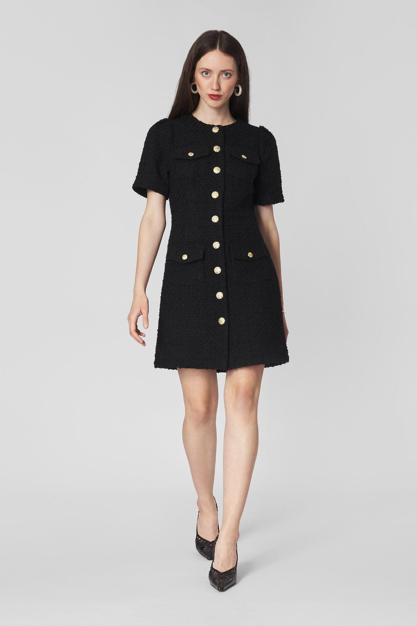 Red Plaid Tweed Knit Gold Button Dress main image 1