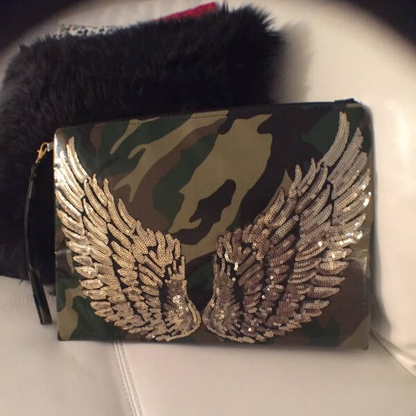 Camouflage, Wristlet, Gold Sequin Eagle Wings, Clutch Purse, Woman's Gift, Handbag, Clutch Bag