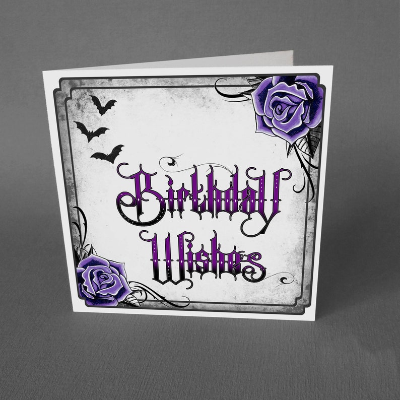 Gothic Birthday Card with Bats and Purple Roses Goth Punk | Etsy