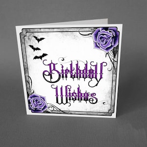 Gothic Birthday Card with Bats and Purple Roses Goth Punk Tattoo Gothabilly Alternative Spooky Witch Witchy Vampire