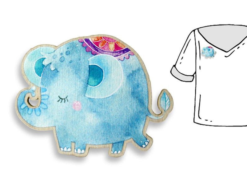 Brooch Jewellery WOODEN ***BLUE ELEPHANT***
